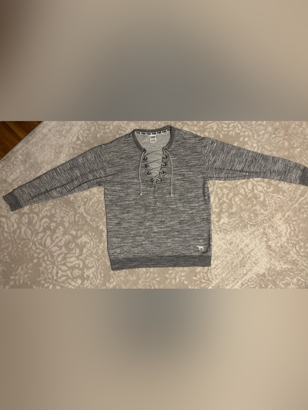PINK Victoria's Secret - Long Sleeved Sweater Lace-Up V-Neck Marled Grey Small
